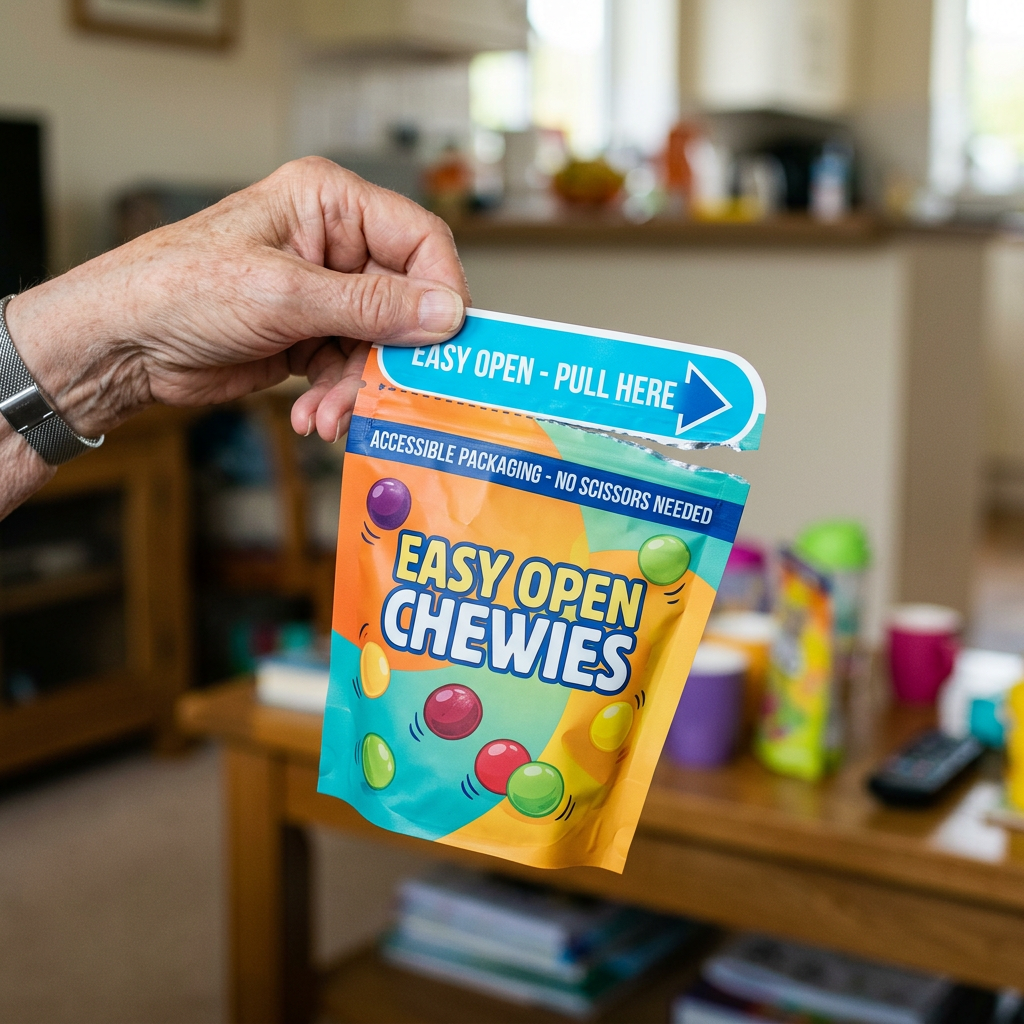 Hand holding colorful Easy Open Chewies pouch labeled accessible packaging