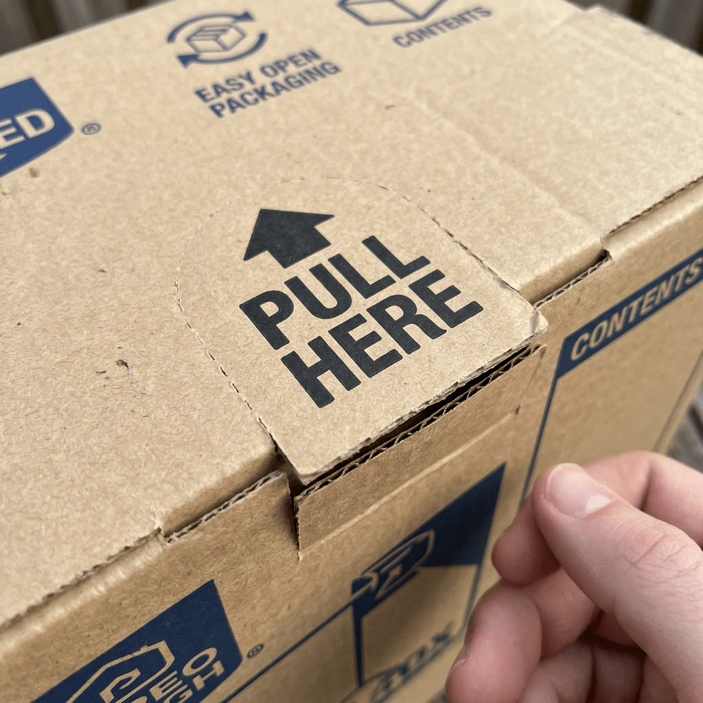 Hand pulling a cardboard box tab labeled “PULL HERE”