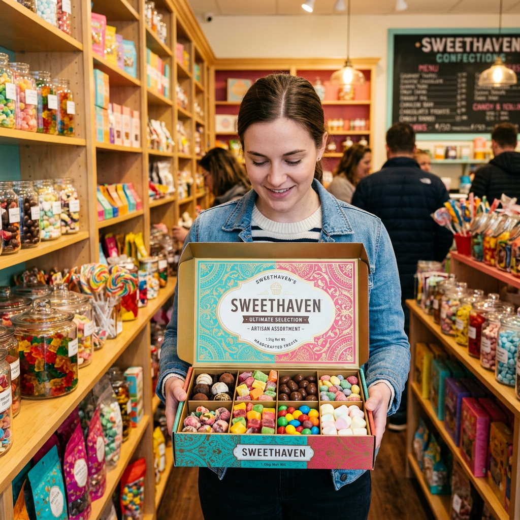 Woman holding an open SweetHaven box filled with assorted candies