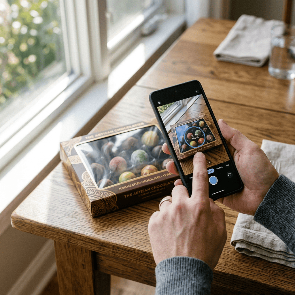 Hands photograph an artisan chocolate box labeled “THE ARTISAN CHOCOLATIER” with a smartphone.
