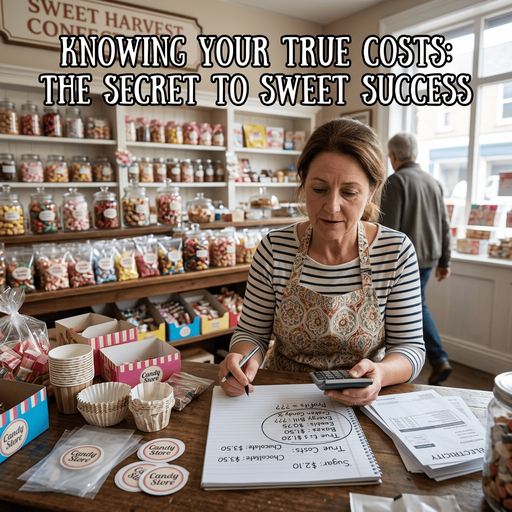 Knowing Your True Costs: The Secret to Sweet Success; candy shop owner calculating costs at a counter
