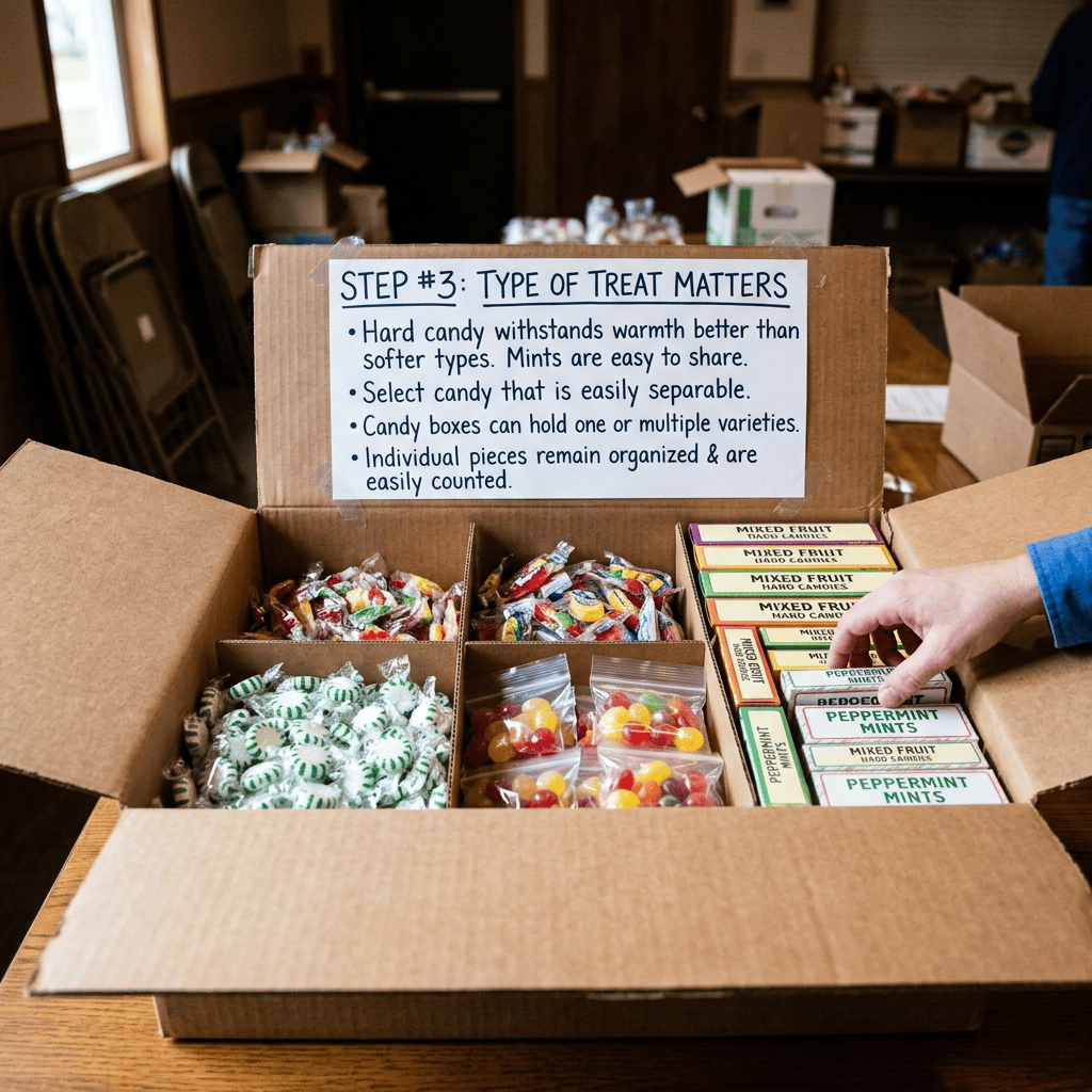 Boxed candies beneath sign reading STEP #3: TYPE OF TREAT MATTERS, with sorting instructions and labeled peppermint, mixed fruit, and hard candy boxes.