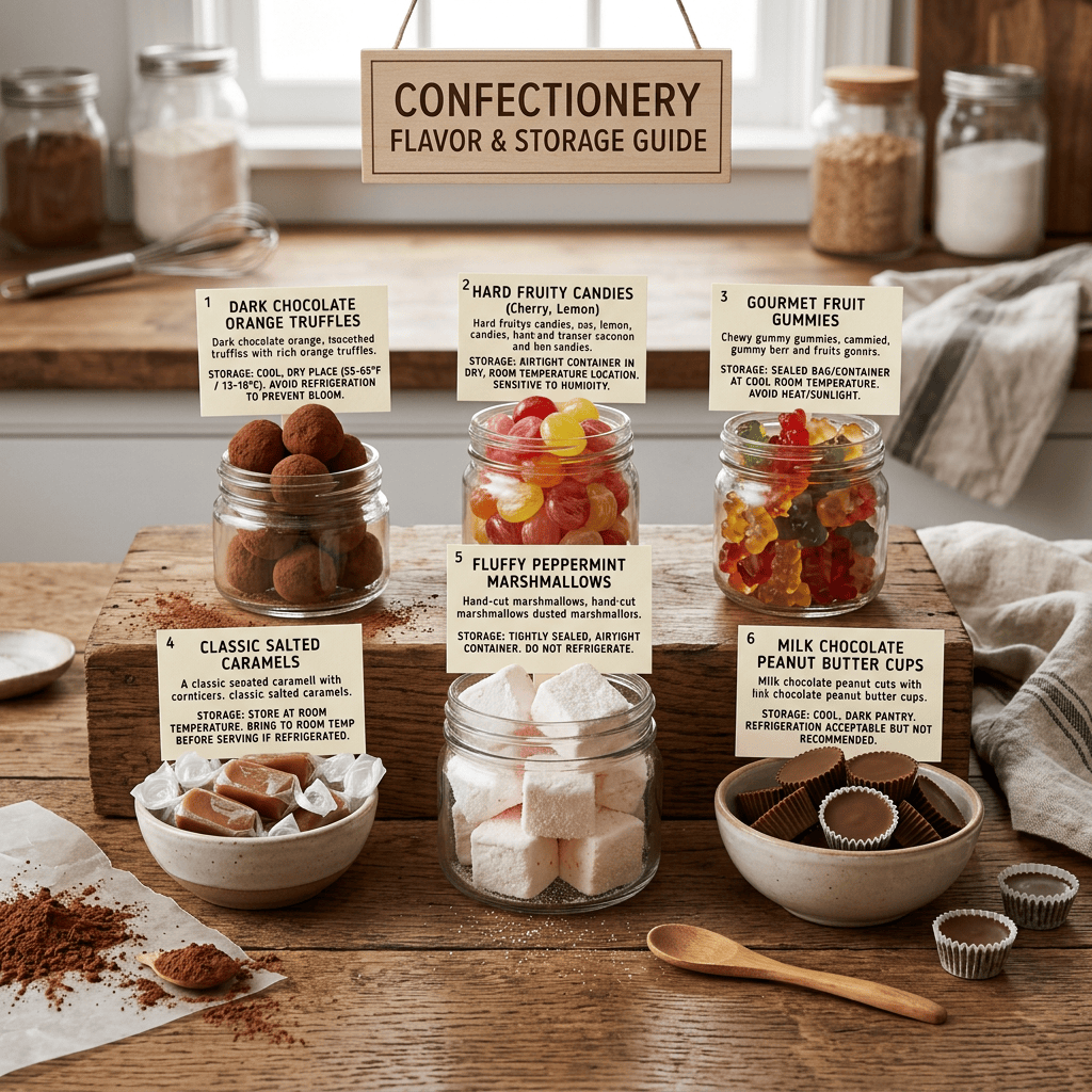 Confectionery Flavor & Storage Guide; labels identify dark chocolate orange truffles, hard fruity candies, gourmet fruit gummies, classic salted caramels, fluffy peppermint marshmallows, and milk chocolate peanut butter cups.